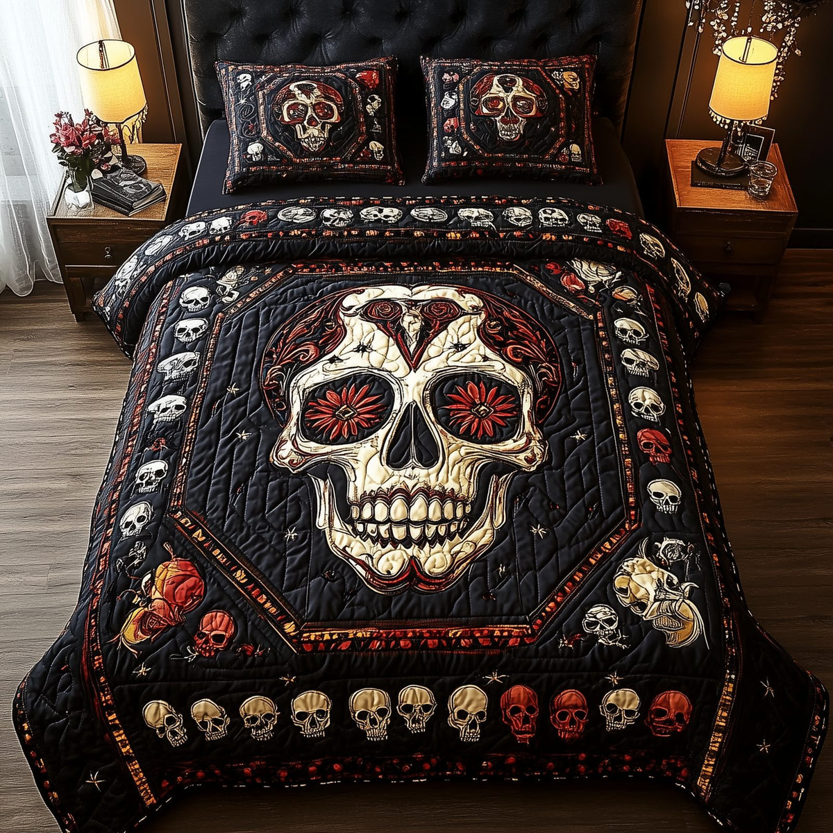 Vintage Bold Skull quilted 3-piece bedding set on a made bed against a dark styled interior