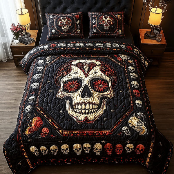Vintage Bold Skull quilted 3-piece bedding set on a made bed against a dark styled interior