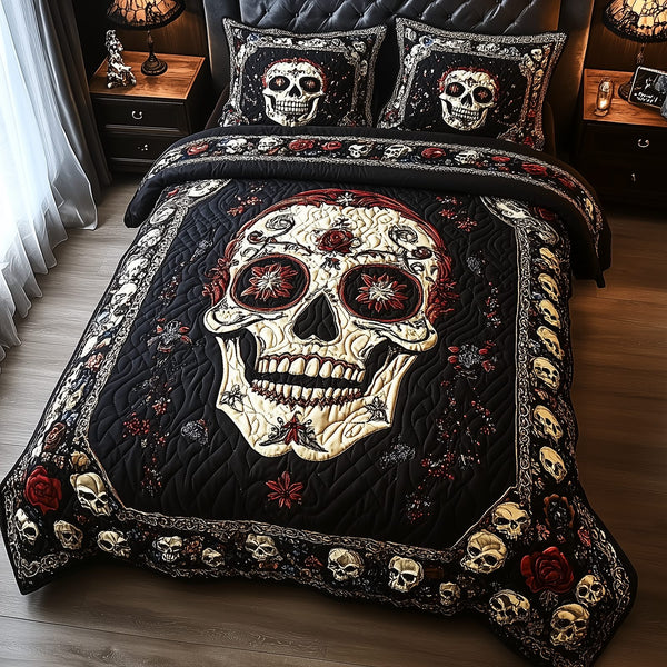 Vintage Bold Skull quilted 3-piece bedding set on a made bed against a dark styled interior