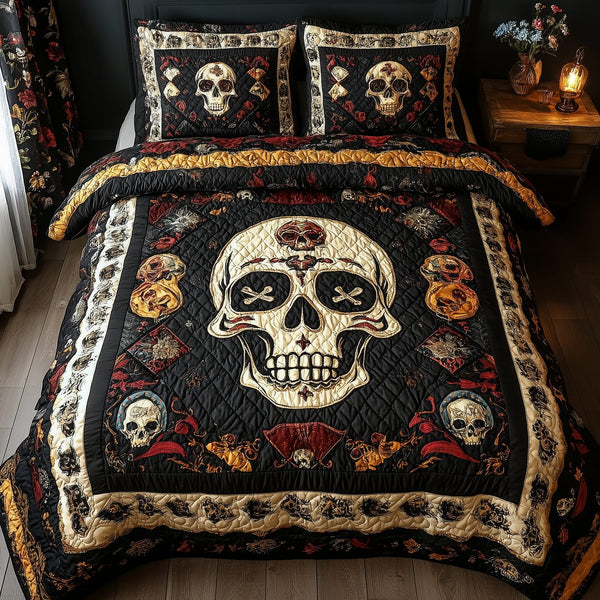 Vintage Bold Skull quilted 3-piece bedding set on a made bed against a dark styled interior