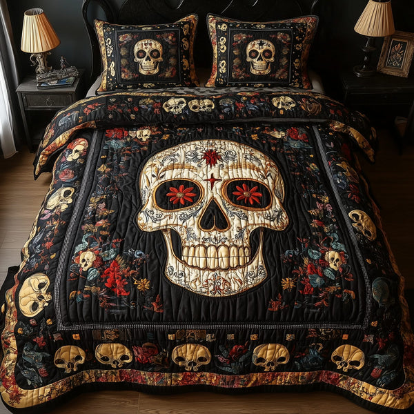 Vintage Bold Skull quilted 3-piece bedding set on a made bed against a dark styled interior