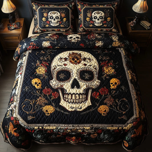 Vintage Bold Skull quilted 3-piece bedding set on a made bed against a dark styled interior