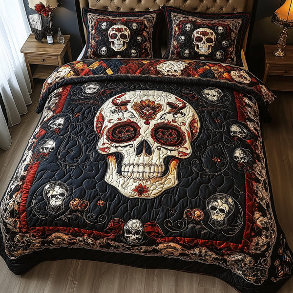 Vintage Bold Skull quilted 3-piece bedding set on a made bed against a dark styled interior