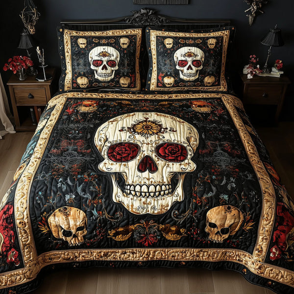 Vintage Bold Skull quilted 3-piece bedding set on a made bed against a dark styled interior