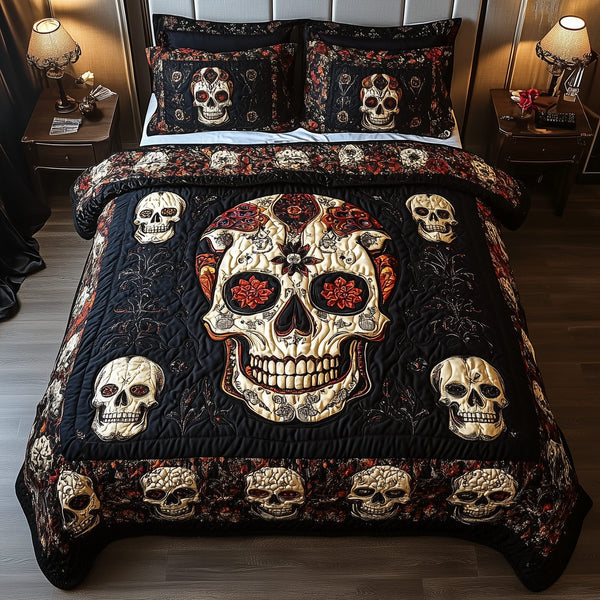 Vintage Bold Skull quilted 3-piece bedding set on a made bed against a dark styled interior