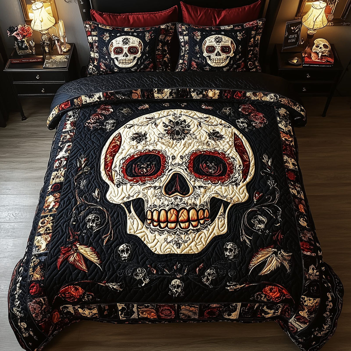 Vintage Bold Skull quilted 3-piece bedding set on a made bed against a dark styled interior