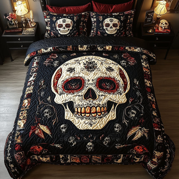 Vintage Bold Skull quilted 3-piece bedding set on a made bed against a dark styled interior