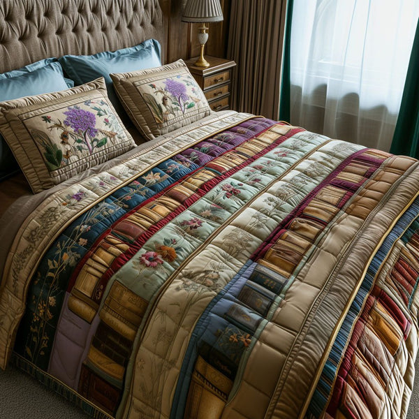 Vintage Book Bliss quilted 3-piece bedding set on a made bed in a farmhouse bedroom