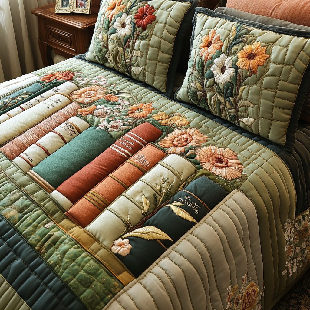 Vintage Book Haven quilted 3-piece bedding set on a made bed in a farmhouse bedroom