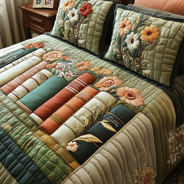 Vintage Book Haven quilted 3-piece bedding set on a made bed in a farmhouse bedroom