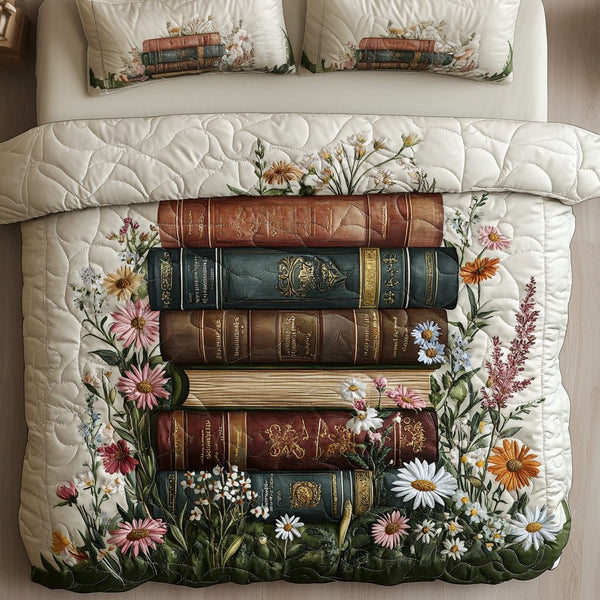 Vintage Book quilted 3-piece bedding set on a made bed in a farmhouse bedroom