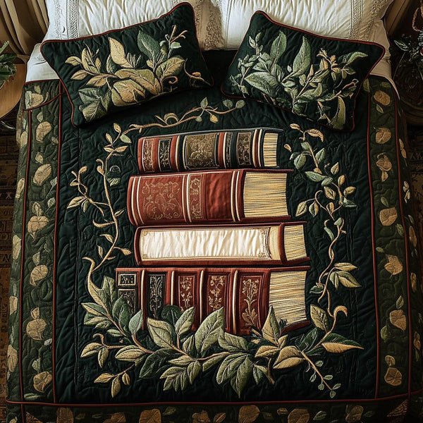 Vintage Book Stack quilted 3-piece bedding set on a made bed in a farmhouse bedroom