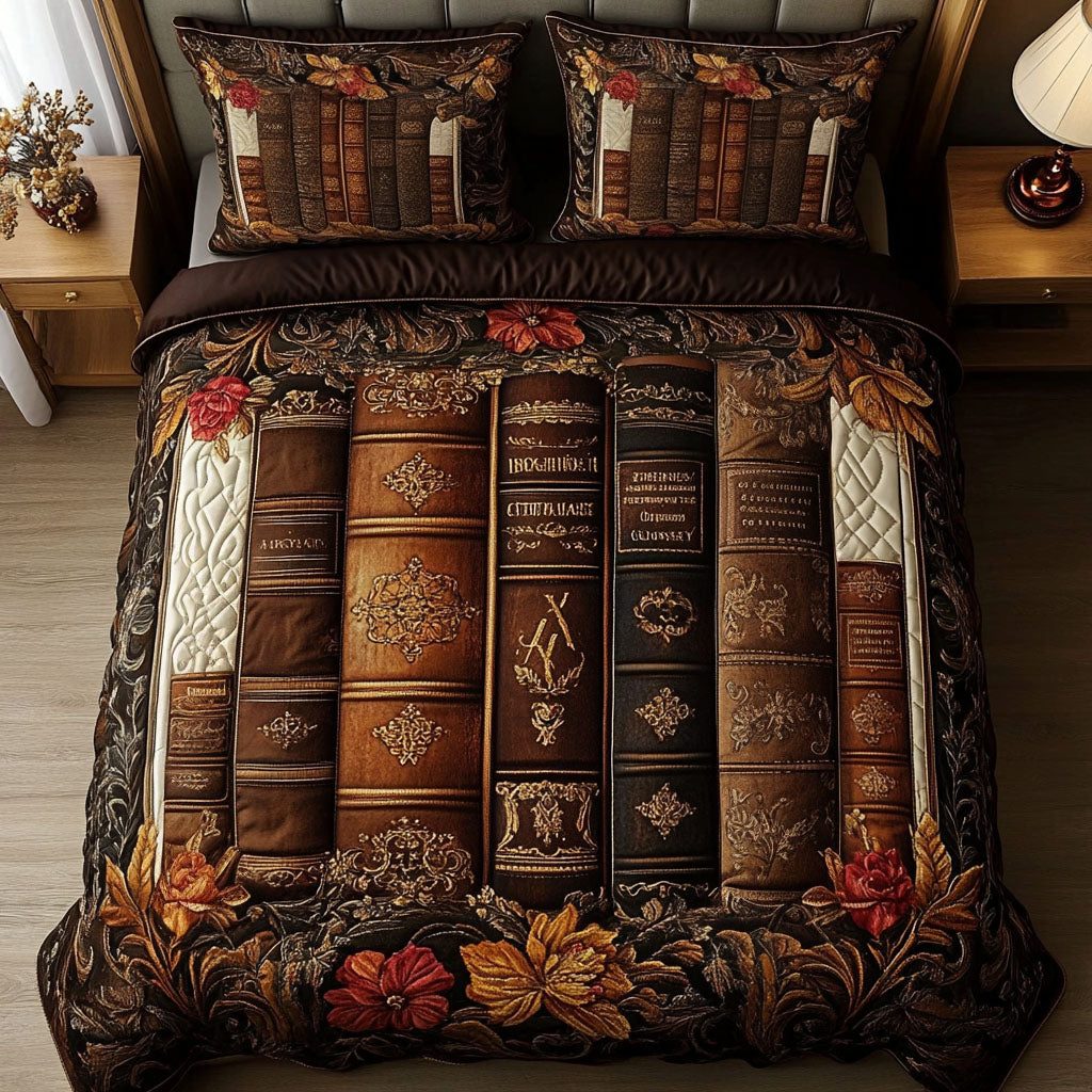 Vintage Bookcase quilted 3-piece bedding set on a made bed in a farmhouse bedroom