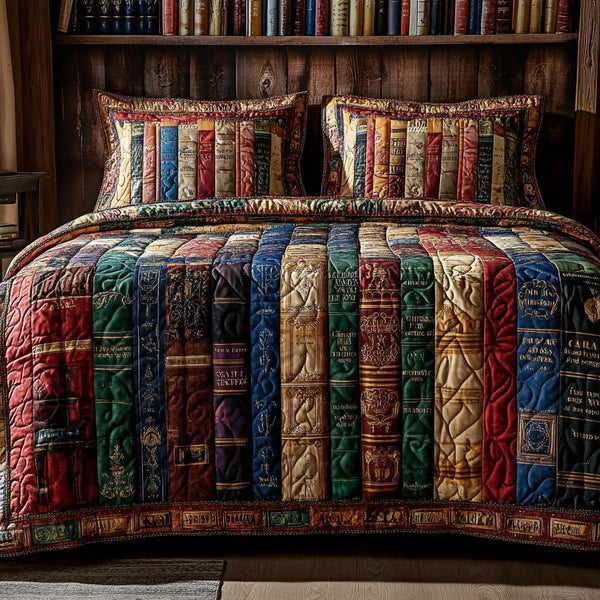 Vintage Books quilted 3-piece bedding set on a made bed in a farmhouse bedroom