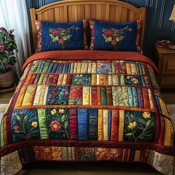 Vintage Bookshelf quilted 3-piece bedding set on a made bed in a farmhouse bedroom