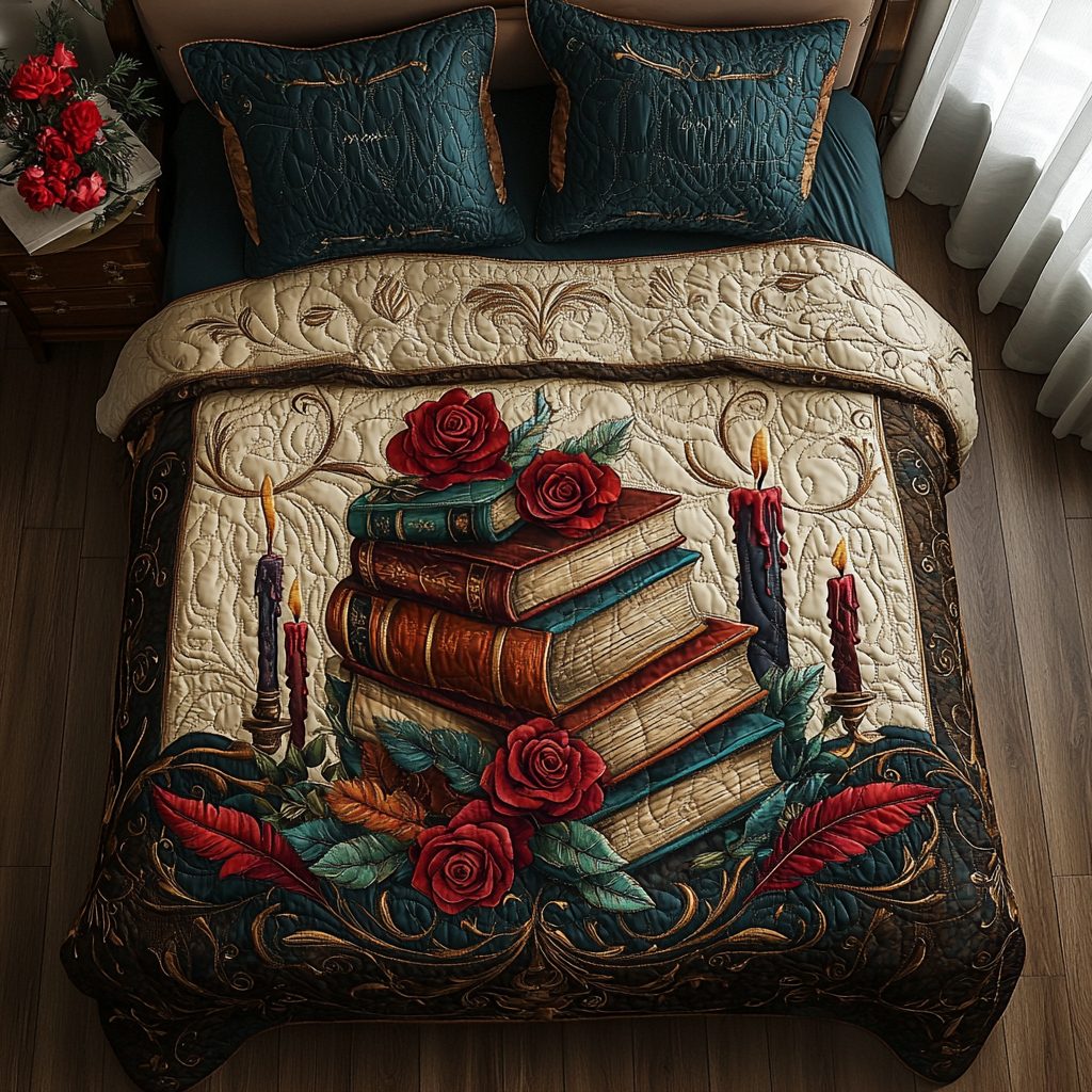 Vintage Bookshelf quilted 3-piece bedding set on a made bed in a farmhouse bedroom