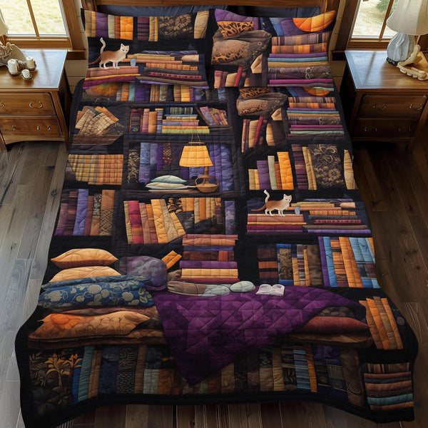 Vintage Bookshelf quilted 3-piece bedding set on a made bed in a farmhouse bedroom