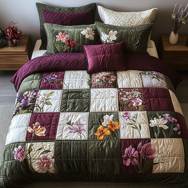 Vintage Botanica quilted 3-piece bedding set on a made bed in a farmhouse bedroom