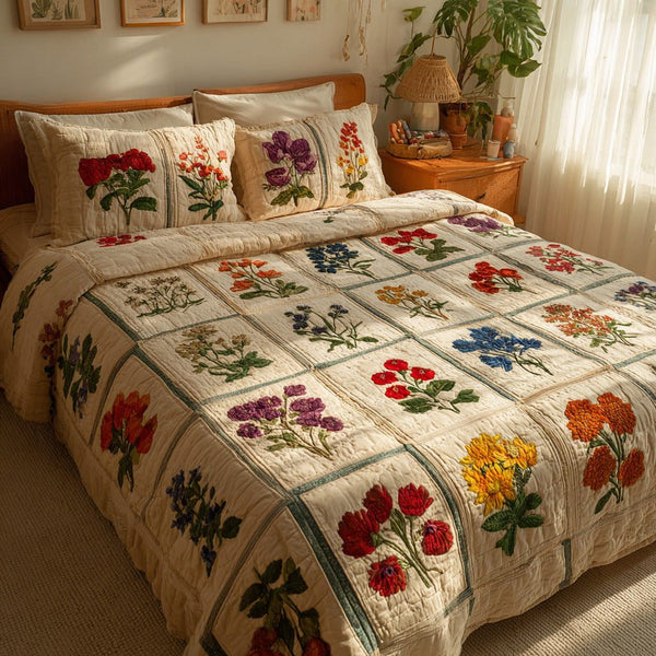 Vintage Botanicals quilted 3-piece bedding set on a made bed in a farmhouse bedroom