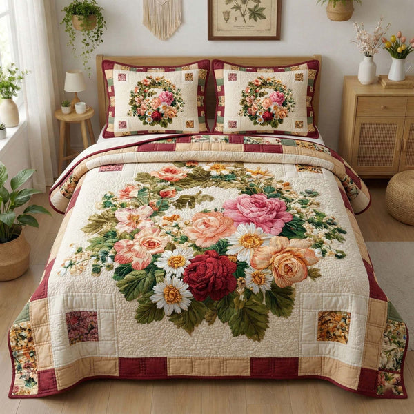 Vintage Bouquet quilted 3-piece bedding set on a made bed in a farmhouse bedroom