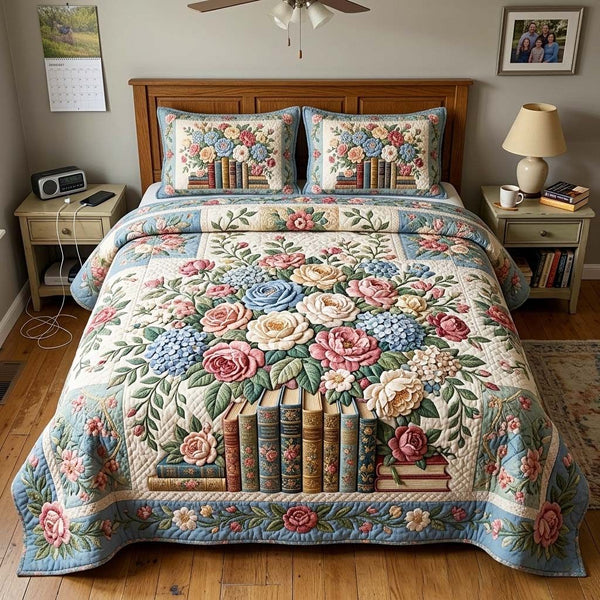 Vintage Bouquet quilted 3-piece bedding set on a made bed in a farmhouse bedroom