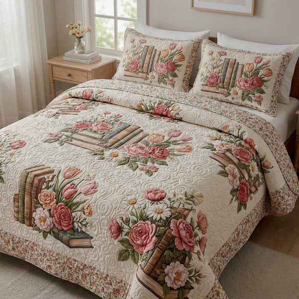 Vintage Bouquet quilted 3-piece bedding set on a made bed in a farmhouse bedroom
