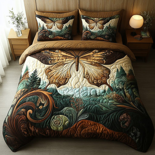 Vintage Butterfly Bloom quilted 3-piece bedding set on a made bed in a farmhouse bedroom