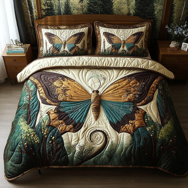 Vintage Butterfly Elegance quilted 3-piece bedding set on a made bed in a farmhouse bedroom