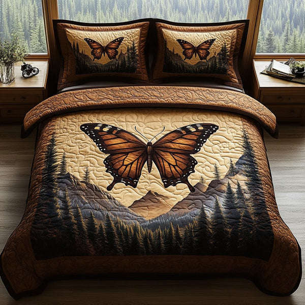 Vintage Butterfly Flight quilted 3-piece bedding set on a made bed in a farmhouse bedroom