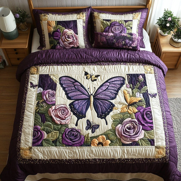 Vintage Butterfly Floral quilted 3-piece bedding set on a made bed in a farmhouse bedroom