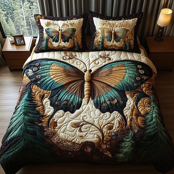 Vintage Butterfly Garden quilted 3-piece bedding set on a made bed in a farmhouse bedroom