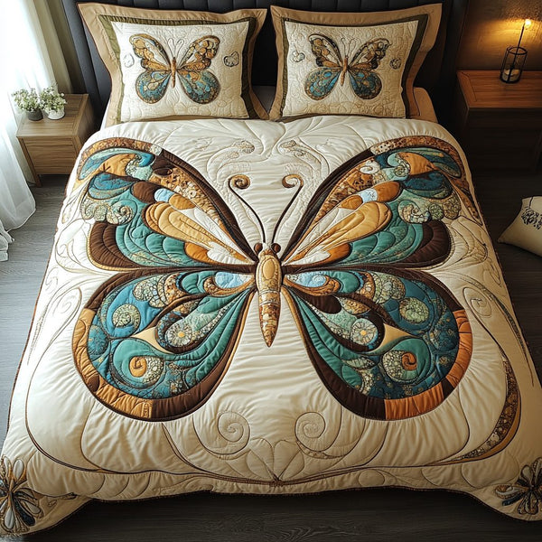 Vintage Butterfly Glow quilted 3-piece bedding set on a made bed in a farmhouse bedroom