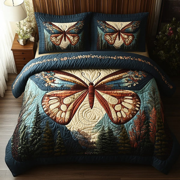 Vintage Butterfly Grace quilted 3-piece bedding set on a made bed in a farmhouse bedroom
