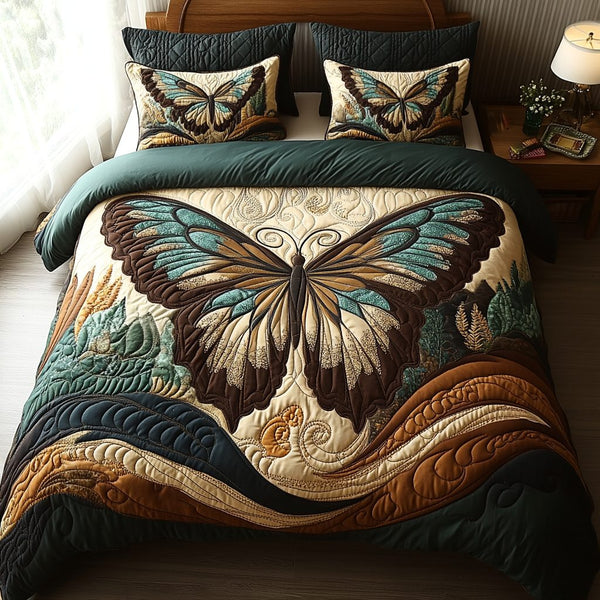 Vintage Butterfly Lace quilted 3-piece bedding set on a made bed in a farmhouse bedroom