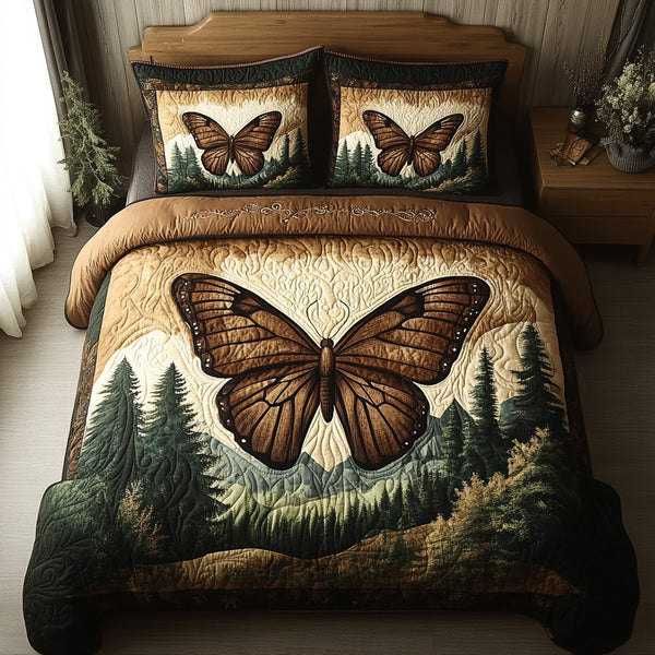 Vintage Butterfly Moments quilted 3-piece bedding set on a made bed in a farmhouse bedroom