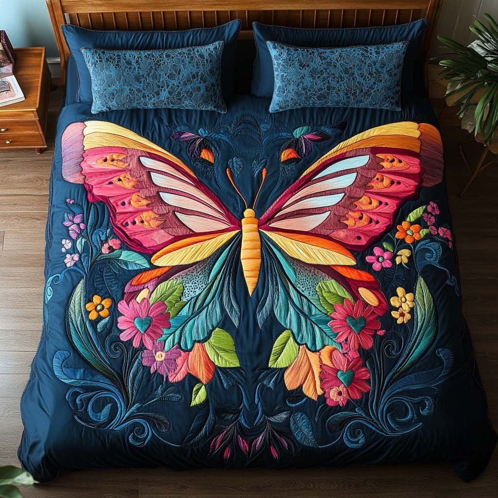 Vintage Butterfly Muse quilted 3-piece bedding set on a made bed in a farmhouse bedroom