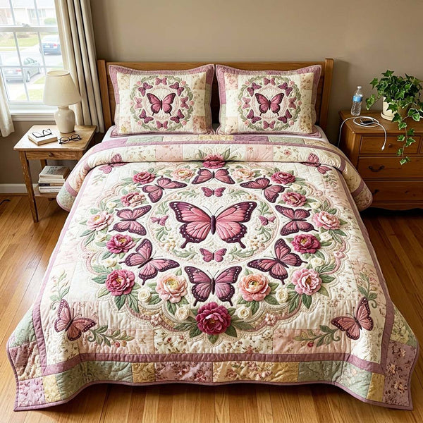 Vintage Butterfly quilted 3-piece bedding set on a made bed in a farmhouse bedroom
