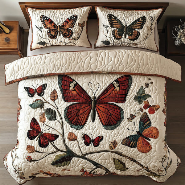Vintage Butterfly quilted 3-piece bedding set on a made bed in a farmhouse bedroom
