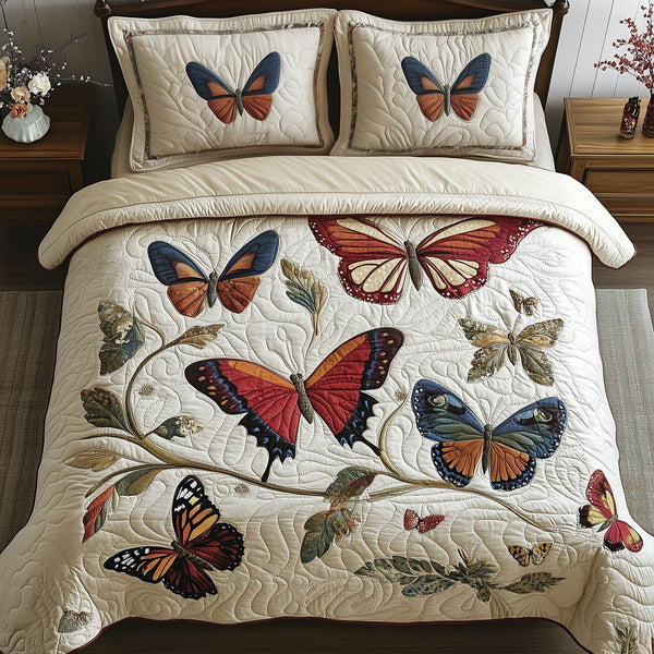 Vintage Butterfly quilted 3-piece bedding set on a made bed in a farmhouse bedroom