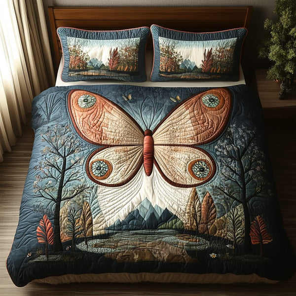 Vintage Butterfly Soul quilted 3-piece bedding set on a made bed in a farmhouse bedroom