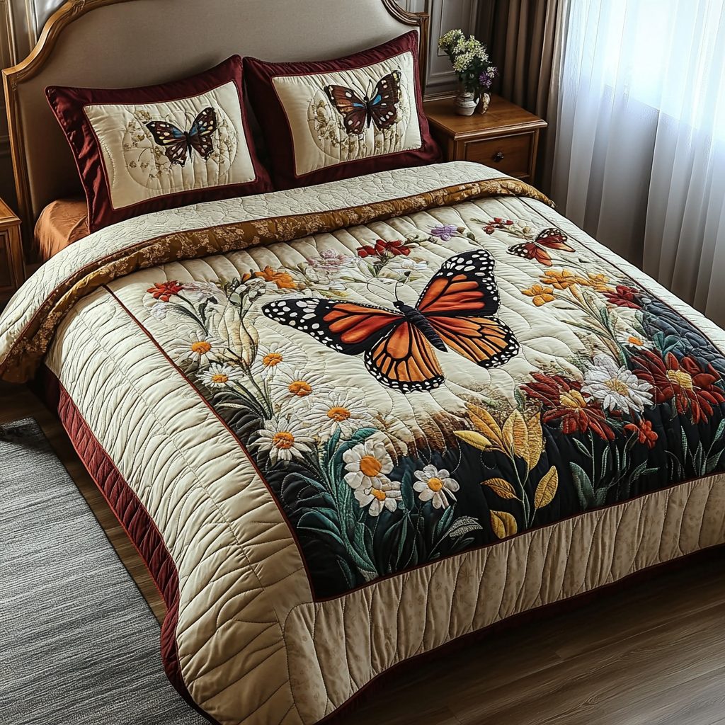 Vintage Butterfly Trails quilted 3-piece bedding set on a made bed in a farmhouse bedroom