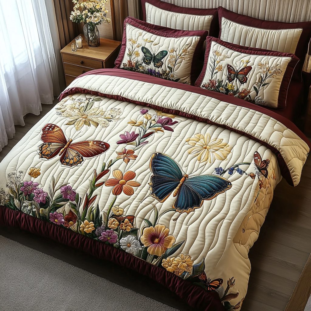 Vintage Butterfly Whispers quilted 3-piece bedding set on a made bed in a farmhouse bedroom