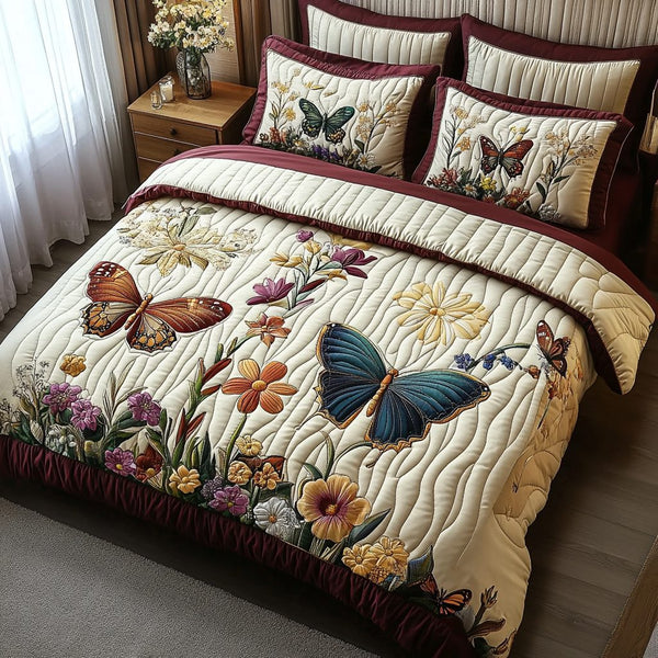Vintage Butterfly Whispers quilted 3-piece bedding set on a made bed in a farmhouse bedroom