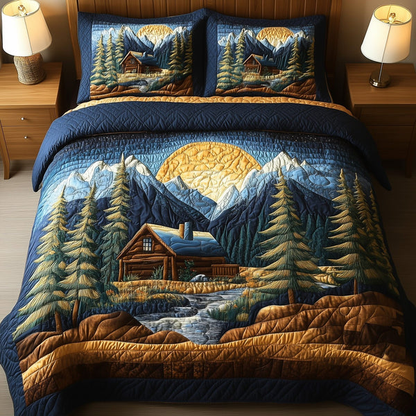 Vintage Cabin quilted 3-piece bedding set on a made bed in a farmhouse bedroom