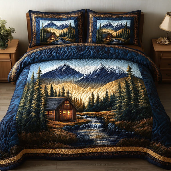 Vintage Cabin quilted 3-piece bedding set on a made bed in a farmhouse bedroom