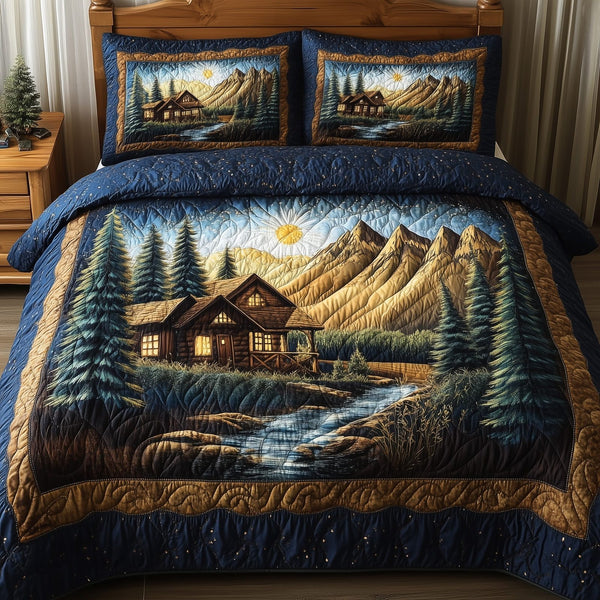 Vintage Cabin quilted 3-piece bedding set on a made bed in a farmhouse bedroom
