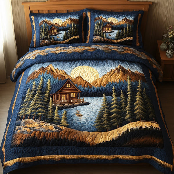 Vintage Cabin quilted 3-piece bedding set on a made bed in a farmhouse bedroom
