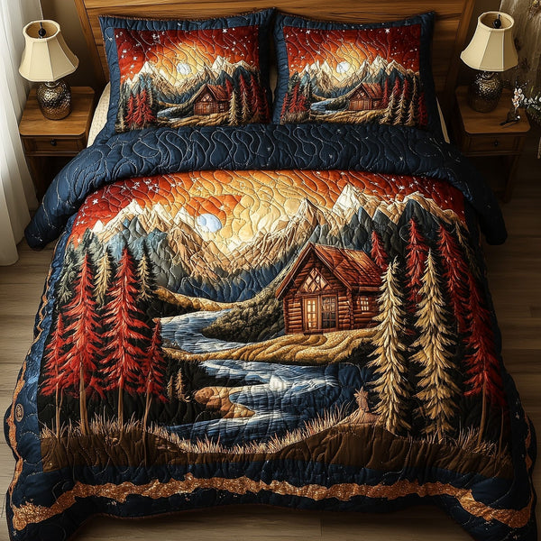 Vintage Cabin quilted 3-piece bedding set on a made bed in a farmhouse bedroom