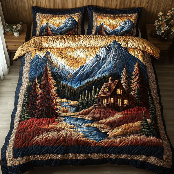 Vintage Cabin quilted 3-piece bedding set on a made bed in a farmhouse bedroom