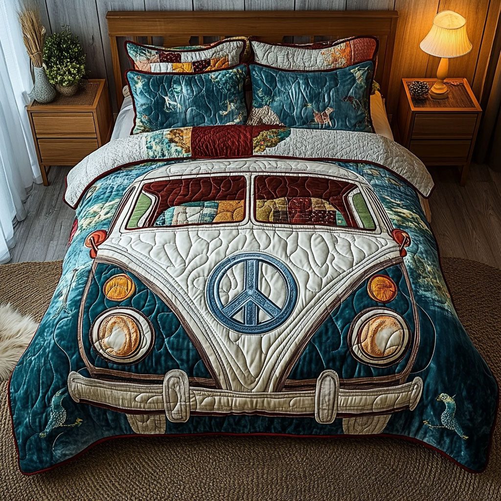 Vintage Camper Blue quilted 3-piece bedding set on a made bed in a farmhouse bedroom
